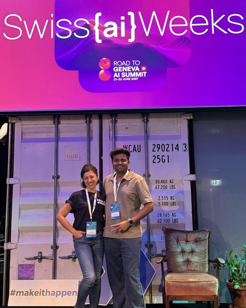 Vishal Rajpurohit and a Kickstart colleague on stage at Kraftwerk Zürich, in front of the Swiss {ai} Weeks and Road to Geneva AI Summit branding.