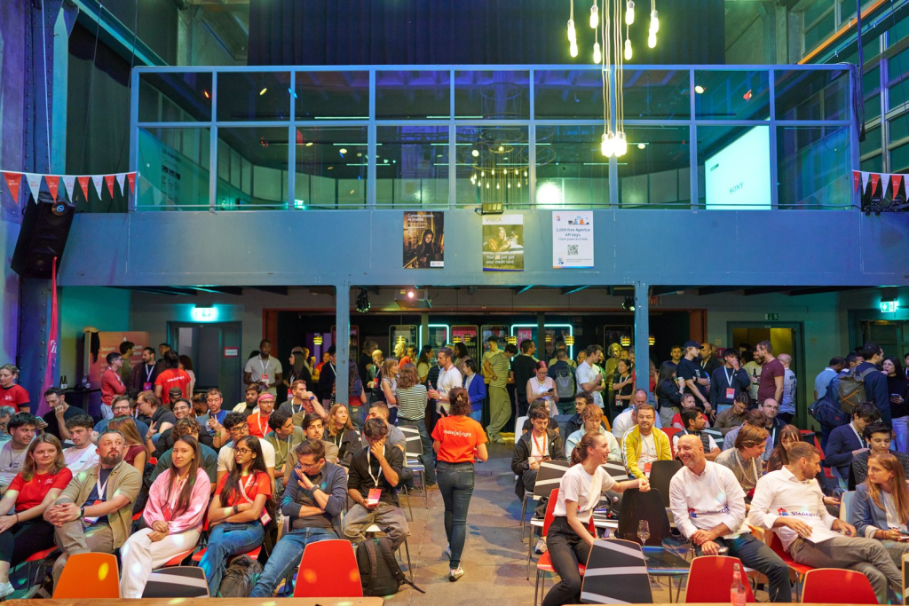 Every seat filled at Kraftwerk Zürich for the Zurich Hackathon's final pitches.