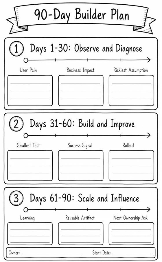 Printable 90-day worksheet in three phases: days 1-30 (user pain, business impact, riskiest assumption), days 31-60 (smallest test, success signal, rollout), days 61-90 (learning, reusable artifact, next ownership ask), with owner and start date.