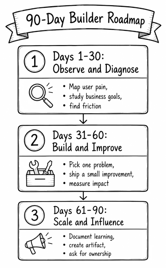 Three-phase roadmap: days 1-30 observe and diagnose, days 31-60 build and improve, days 61-90 scale and influence, each with its key actions.