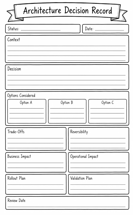 Printable Architecture Decision Record: status, date, context, decision, options A to C, trade-offs, reversibility, business and operational impact, rollout and validation plans, review date.