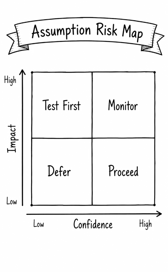 Two-by-two map of impact against confidence: test first (high impact, low confidence), monitor (high, high), defer (low, low), proceed (low impact, high confidence).