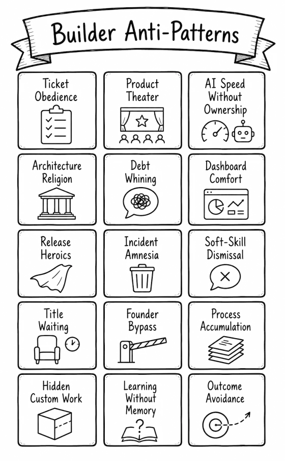 Grid of fifteen anti-patterns, from ticket obedience, product theater and AI speed without ownership to learning without memory and outcome avoidance.