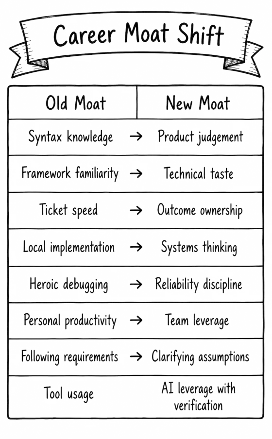 Two-column table of the old moat versus the new moat: syntax knowledge to product judgement, framework familiarity to technical taste, ticket speed to outcome ownership, local implementation to systems thinking, heroic debugging to reliability discipline, personal productivity to team leverage, following requirements to clarifying assumptions, tool usage to AI leverage with verification.
