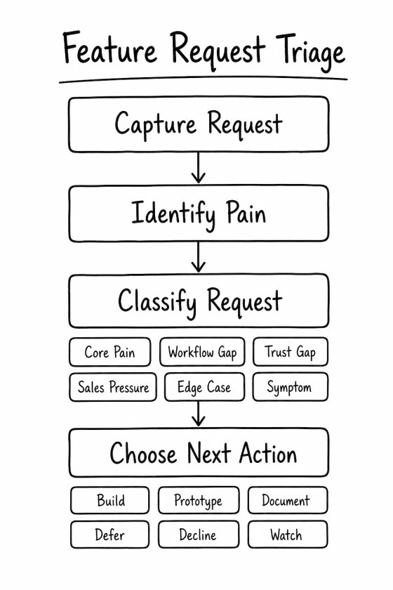 Triage flow: capture the request, identify the pain, classify it (core pain, workflow gap, trust gap, sales pressure, edge case, symptom), then choose the next action (build, prototype, document, defer, decline, watch).