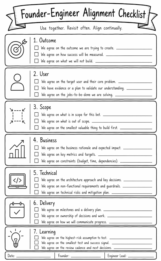 Printable checklist in seven sections, outcome, user, scope, business, technical, delivery and learning, each with three agreement checkboxes, and date, founder and engineer lead lines.