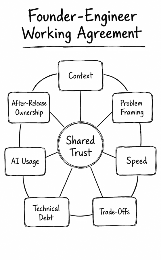 Seven areas around shared trust: context, problem framing, speed, trade-offs, technical debt, AI usage and after-release ownership.