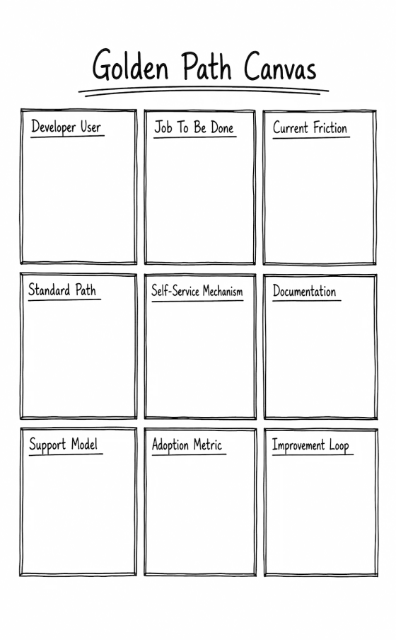 Nine-box canvas: developer user, job to be done, current friction, standard path, self-service mechanism, documentation, support model, adoption metric, improvement loop.