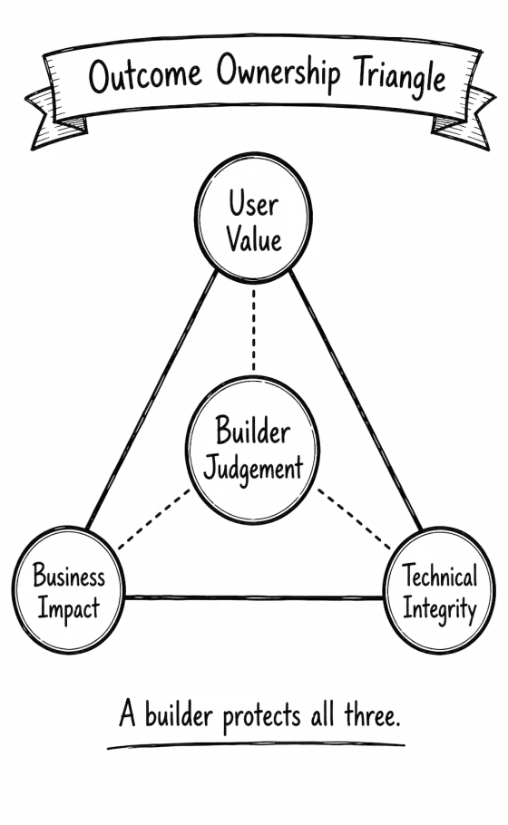 Triangle of user value, business impact and technical integrity with builder judgement in the centre.