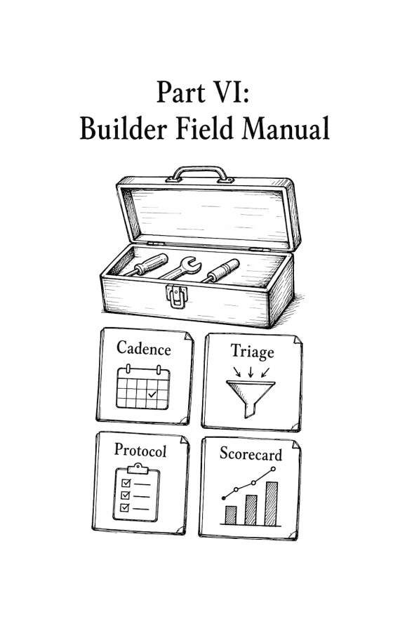 Part VI illustration: a toolbox with cadence, triage, protocol and scorecard cards.