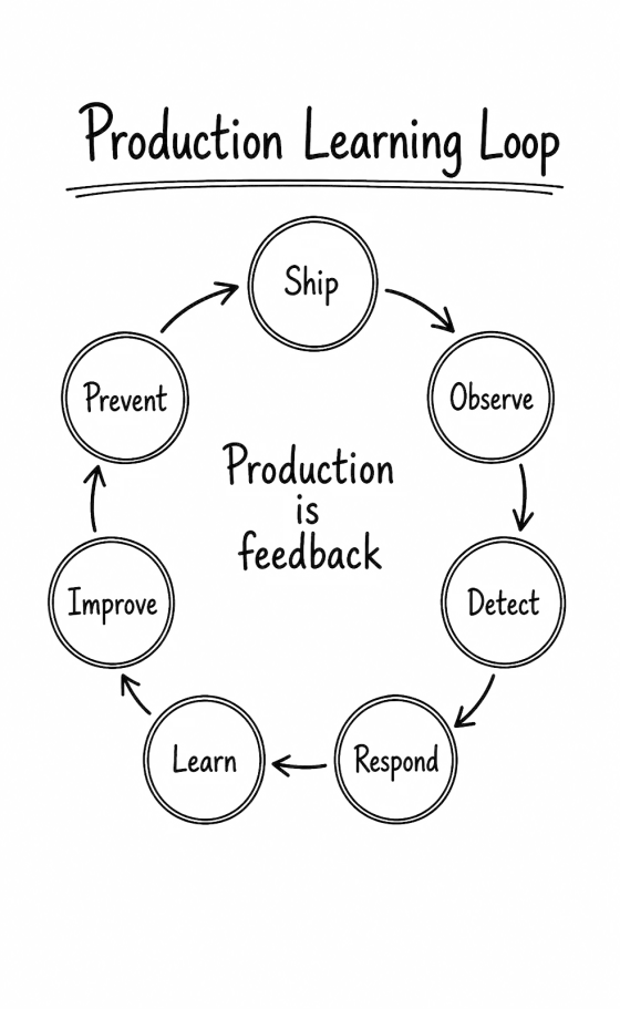 Loop of ship, observe, detect, respond, learn, improve and prevent around "Production is feedback".