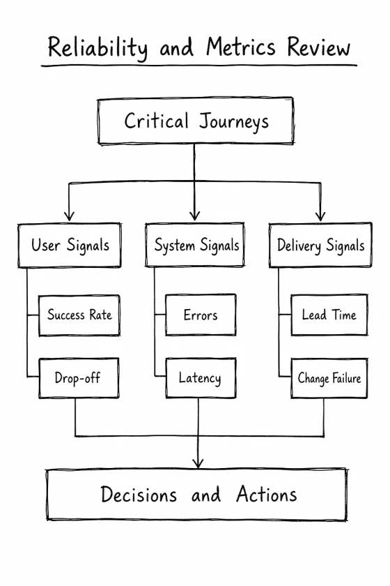 Critical journeys split into user signals (success rate, drop-off), system signals (errors, latency) and delivery signals (lead time, change failure), all feeding decisions and actions.