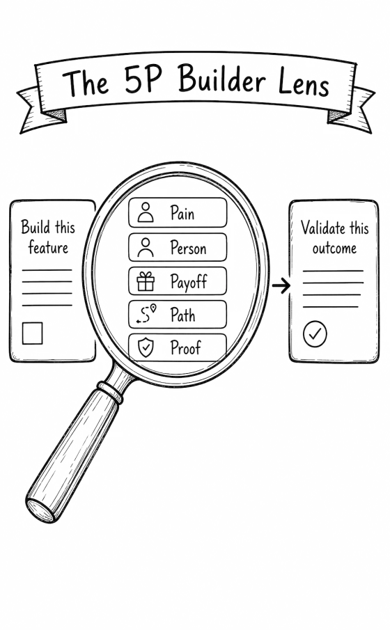 A magnifying glass turning "Build this feature" into "Validate this outcome" through five lenses: pain, person, payoff, path and proof.