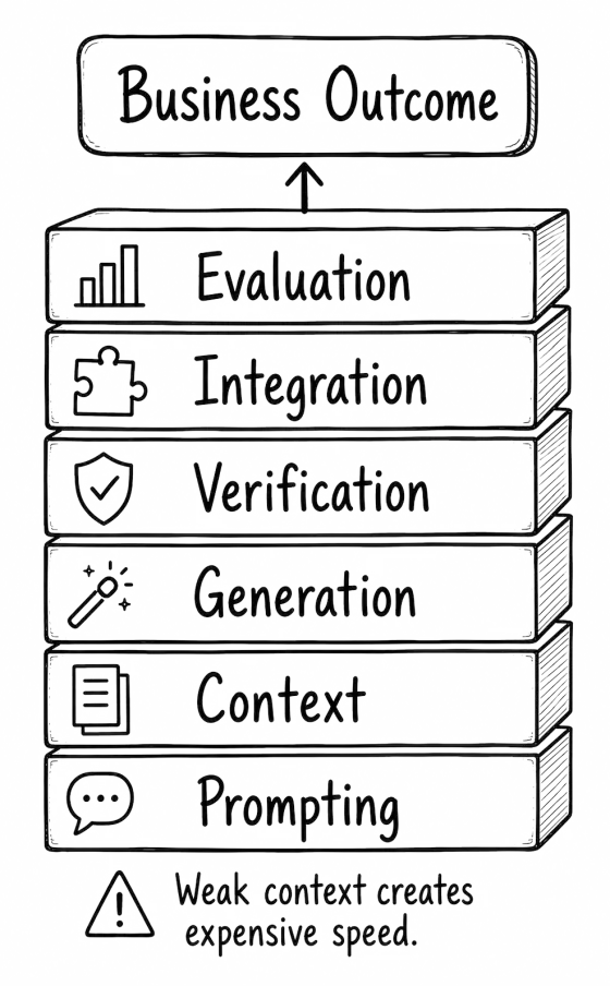 Stack of six layers from prompting, context, generation, verification and integration up to evaluation, topped by business outcome, with the warning that weak context creates expensive speed.