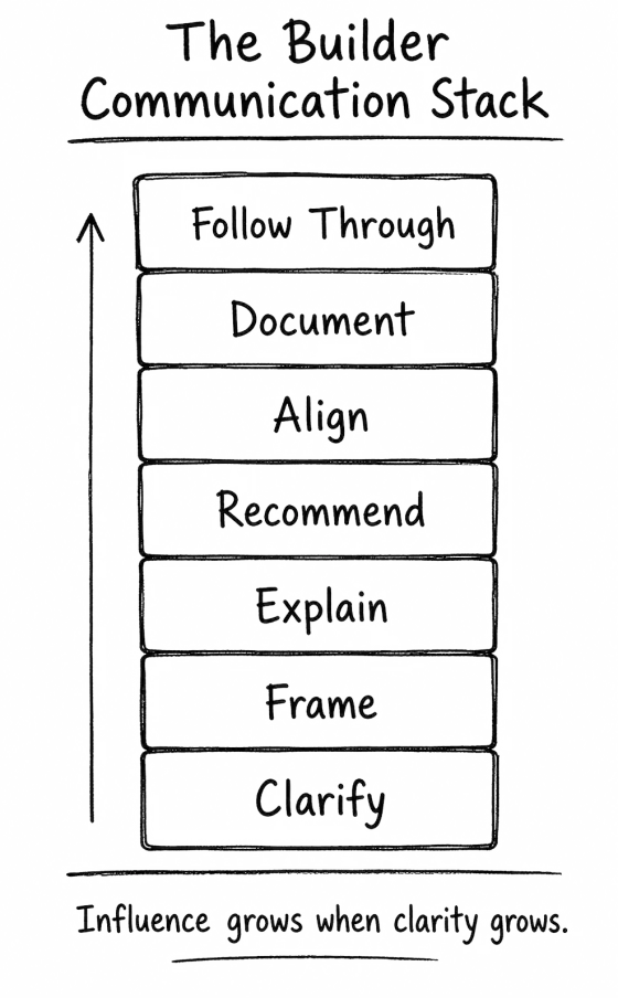 Stack rising from clarify, frame, explain, recommend, align and document to follow through, captioned "Influence grows when clarity grows."