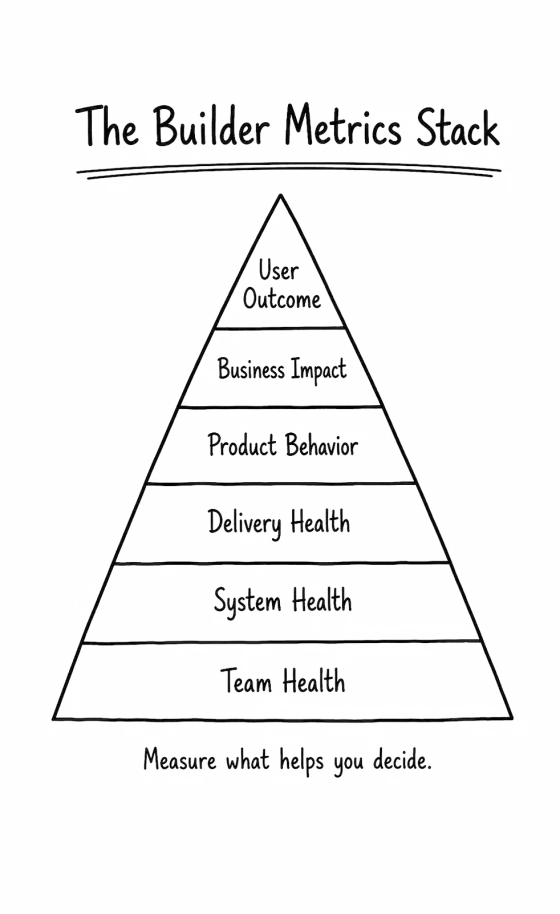 Pyramid from team health, system health, delivery health, product behavior and business impact up to user outcome, captioned "Measure what helps you decide."