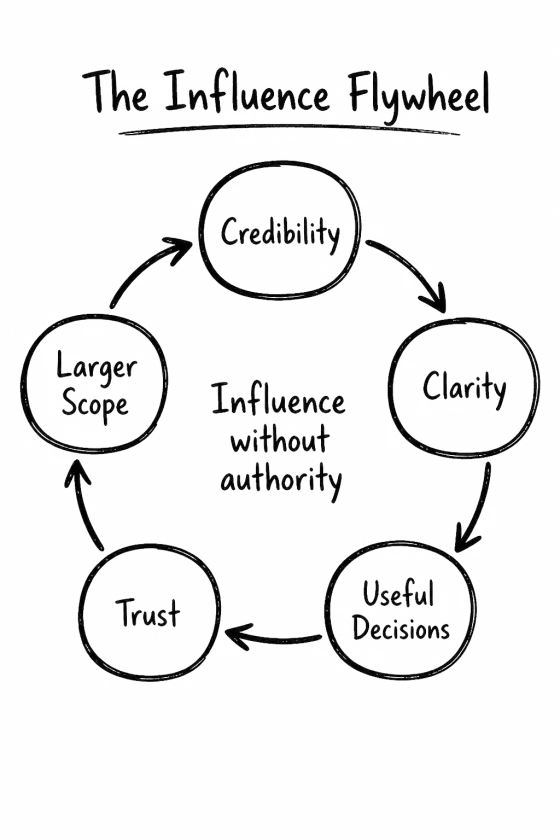 Flywheel of credibility, clarity, useful decisions, trust and larger scope around "Influence without authority".