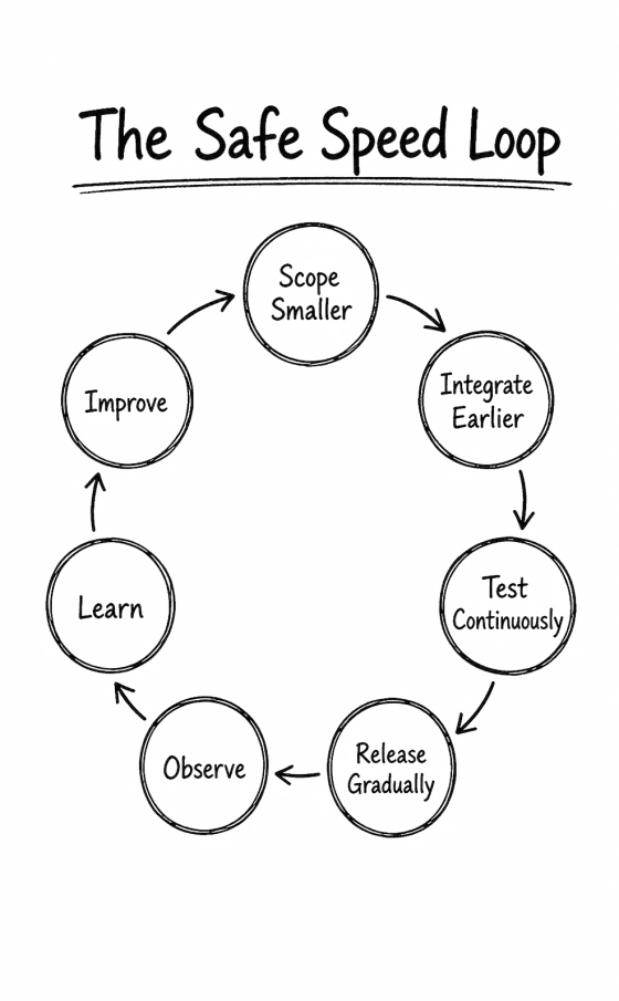 Loop of scope smaller, integrate earlier, test continuously, release gradually, observe, learn and improve.